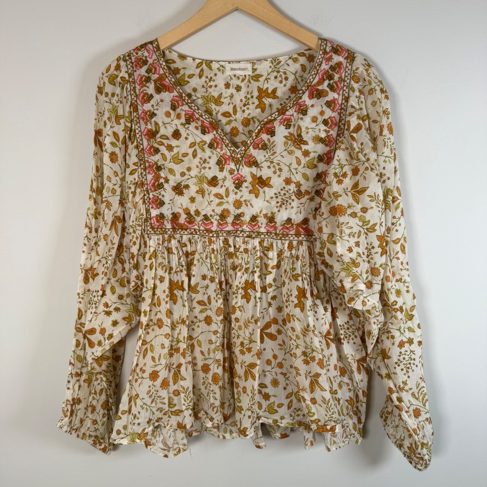 World Market Floral 100% Cotton Peasant Babydoll Blouse Small Medium Cream BOHO
